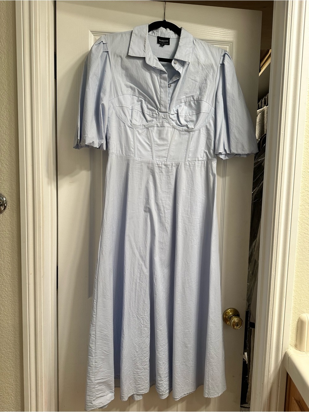 Bardot Pale Blue Puff-Sleeve Midi Shirt Dress